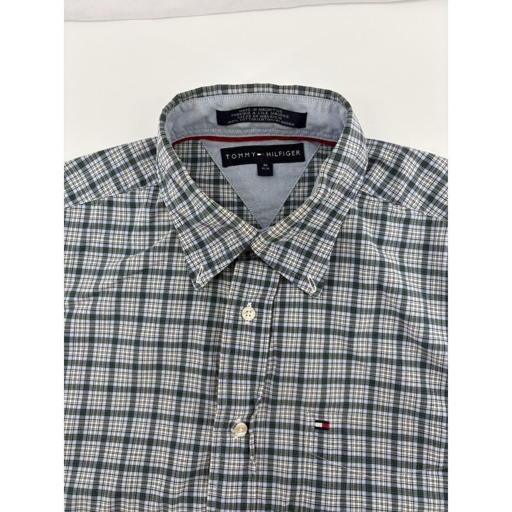 VTG Y2K Tommy Hilfiger Mens Size Med Green Plaid Button Down Short Sleeve Shirt